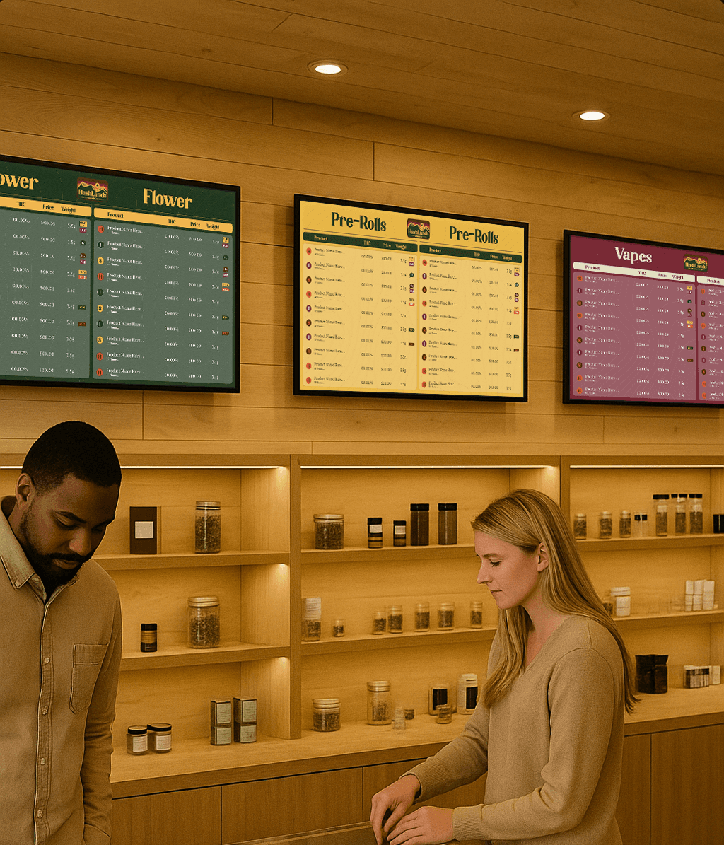 Cannabis dispensary with digital menu displays and customers browsing products
