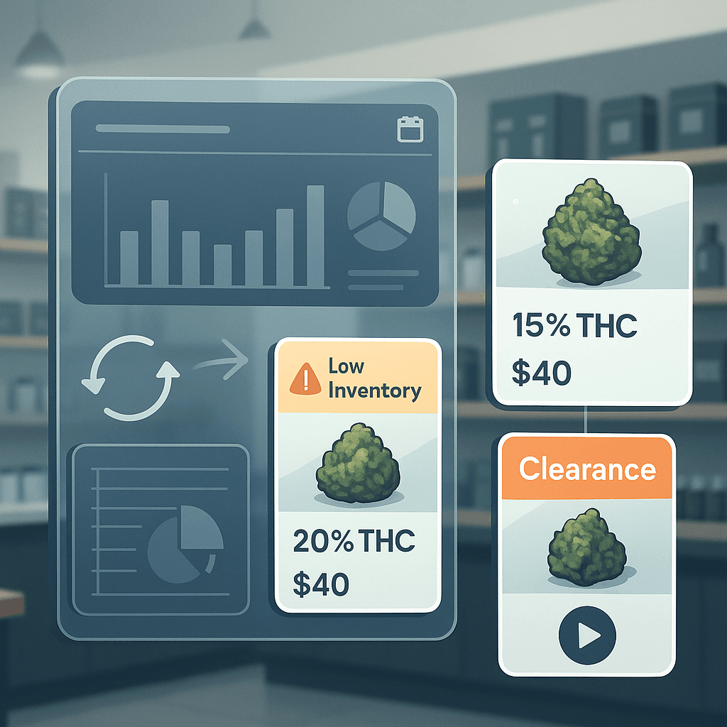 Intelligent cannabis promotion engine showing analytics dashboard with inventory alerts, product cards, and automated promotional campaigns